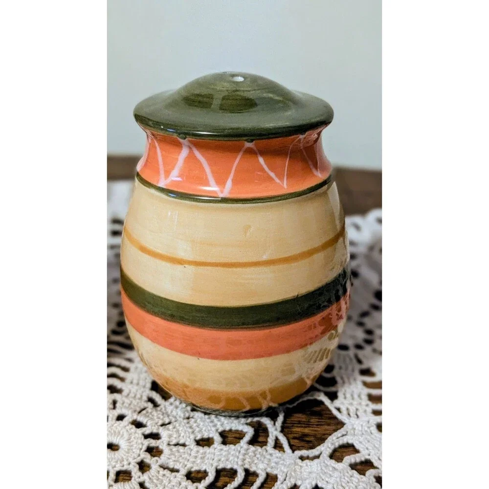 Vintage Striped Salt and Pepper Shakers Hand Painted Ceramic Orange Green Retro